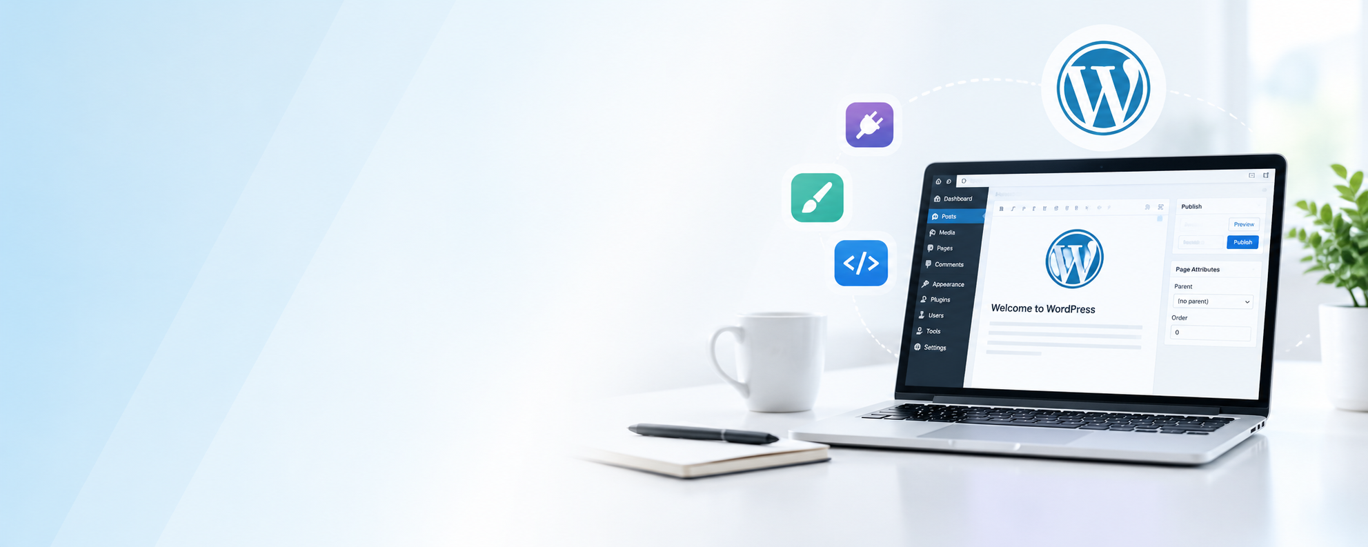 WordPress dashboard open on a laptop, with plugin, design, and code icons floating above it