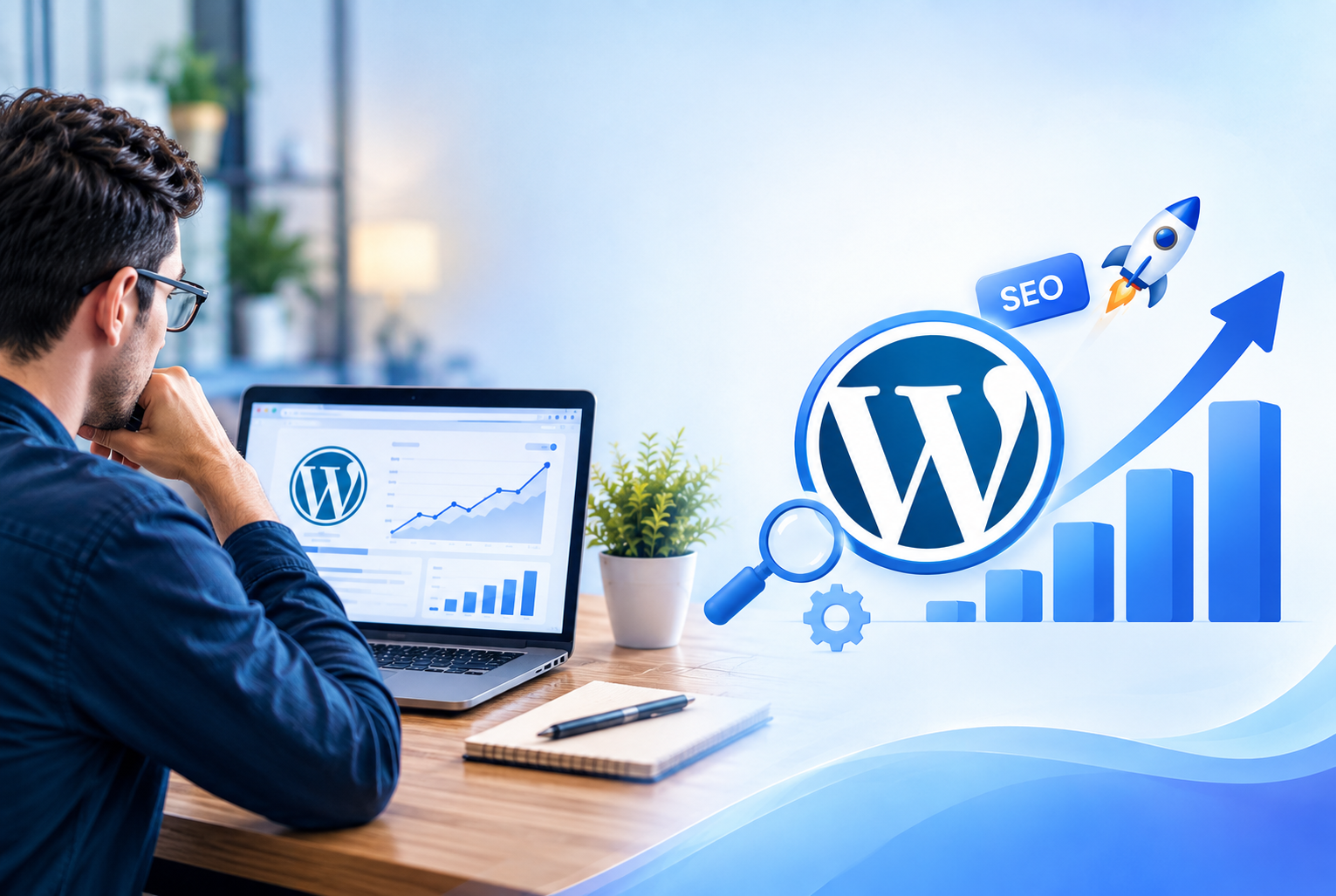Person reviewing WordPress SEO growth analytics, with the WordPress logo and a rising traffic chart