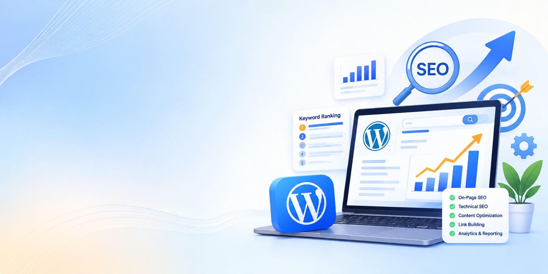 WordPress SEO dashboard on a laptop with keyword ranking, growth chart, and SEO checklist